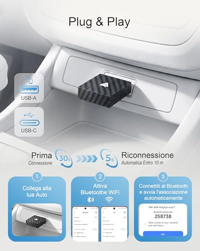 WityEye Adattatore Android Auto Wireless, Dual Core Wi-Fi a 5.8 GHz, Bluetooth V5.3, Rapida & Stabile, Plug & Play, per Smartphone con Android 11+ & Veicoli con Funzione AA Cablata (dal 2016)