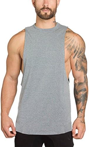 Elistelle Men's Sleeveless Fitness T Shirt with Dropped Arm hole Vest Tank Top ,Gray,M