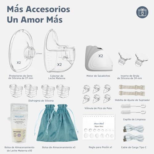 MomMed S21 Extractor de Leche Eléctrico Portátil – Sacaleches con Pantalla Inteligente, Diseño Antiderrames y Manos Libres, Doble Motor con 3 Modos y 12 Niveles – Incluye Protector de 24 mm y 6 Pares de Inserciones (17 mm, 19 mm, 21 mm)