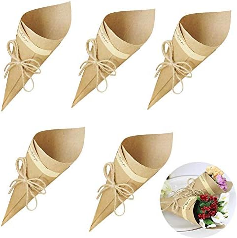 LEIUS 50PCS Retro Cone Kraft Paper Cake Bouquet Chocolate Package Bags Boxes for Wedding with Hemp Rope