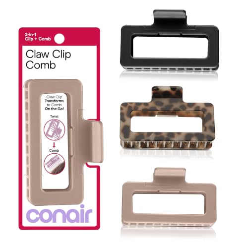 Conair 2-in-1 Claw Clip Comb Set for Thick Hair, Large Hair Claw Clips for Styling & Detangling, Twist-to-Transform Design, Strong Hold for Updos & Touch-Ups, 3-Pack at Amazon