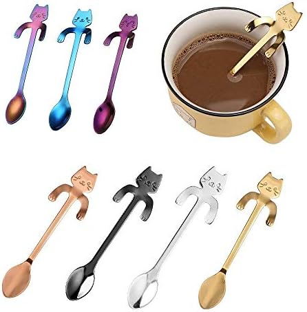 COMIART Hanging Mixing Stiring Spoons, 4.7 Inch 18/10 Stainless Steel Coffee Teaspoons Ice Spoon for Mug, Food Safe for Baby Feeding Spoon, Cute Cat Design, Pack of 7