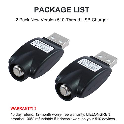 510-Thread USB Smart Charger with Over-Charge Protection, Compatible with Standard 510 Threaded Devices – 2 Pack