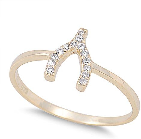 Clear Cubic Zirconia Wishbone Ring Yellow Gold-Tone Plated 925 Sterling Silver Size 6