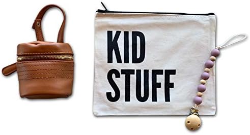 Pacifier Clip by Lucky Love with Vegan Leather Pacifier Case| Universal Pacifier Holder Leash for Boys and Girls Handmade in USA| 3-in-1 Teething Toy or Soothie (Purple with Cognac Podcase)