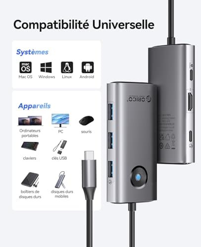 Station d'accueil, 6 en 1 Hub USB C avec HDMI 4K@30Hz, PD 100 W, 4 Ports USB 5Gbps, Adaptateur USB C vers USB 3.0 Compatible avec MacBook Pro Air XPS HP