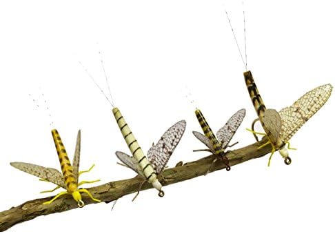 Cabin River Flies Synth Mayfly Pack of 6 Flies in 4 Patterns & 2 Sizes - Sulphur Pale Evening Dunn (sizes 14 & 16), Blue Winged Olive (sizes 16 & 18), Hexagenia (size 12) & White Mayfly (size 12)