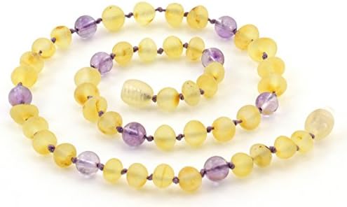 Raw Baltic Amber Teething Necklace - Available in 11-14 inches - Unpolished Lemon mixed with Amethyst Gemstone Beads - TipTopAmber (12.5 inches, Raw Lemon / Amethyst)