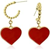14K Gold Plated Small Enamel Red Heart Hoop Huggie Earrings Minimalist Tiny Red Love Heart Ear Cuff Dangle Drop Earrings for Women Dainty Jewelry Valentine's Day Gifts