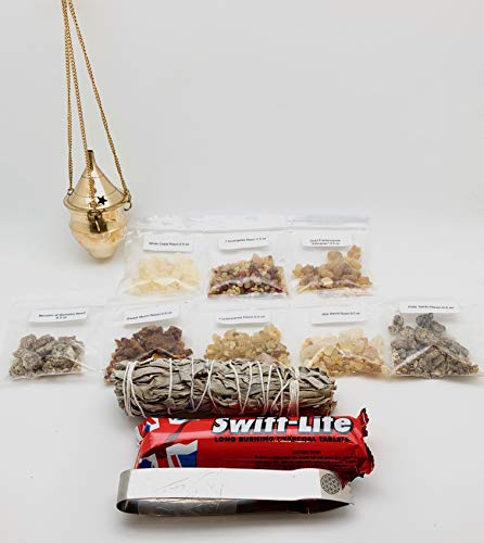 Resin Incense Set: Palo Santo, Altar Blend, Sweet Myrrh, White Copal, Frankincense, 7 Arcangeles, Benzoin, Ethiopian Frankincense | White Sage, Charcoal Tablets, Tong, Brass Hanging Censer Burner