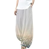 MARSVOVO Wide Leg Pants Woman Summer Palazzo Capri Culottes for Women Linen Floral Print Vintage Baggy Beach Trousers