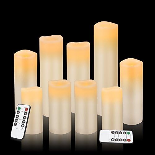 Flameless Candles Battery Operated Candles 4" 5" 6" 7" 8" 9" Set of 9 Ivory Real Wax Pillar LED Candles with 10-key Remote and Cycling 24 Hours Timer