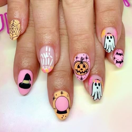 Halloween Press on Nails Short Almond Fake Nails Pink Acrylic Nails Press on Matte Full Cover False Nails with Cobweb Pumpkin Designs Halloween Cute Glue on Nails Short Stick on Nails for Women 24Pcs