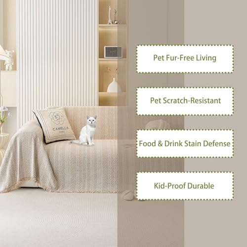 SLEEPHEAD® Chenille Sofa Cover - Cat-Proof & Anti-Scratch Couch Protector Slipcover with Tassels | Universal Fit for 2-3 Cushion Couch Washable Leakproof Furniture Protector （180 * 300cm）