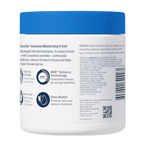 CERAVE INTENSIVE MOISTURIZING CREAM, BODY MOISTURIZER WITH SHEA BUTTER, 72H HYDRATION + SKIN BARRIER REPAIR, FRAGRANCE-FREE BODY LOTION FOR EXTREMELY DRY SKIN, 19OZ