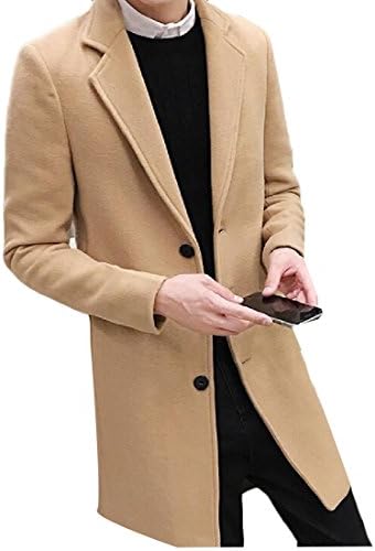 BabyYoung Mens Slim Trench Coat Mid Length Single Breasted Vogue Woolen Coat Khaki M