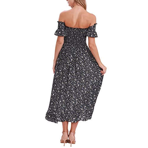 YODNBUK Women\'s Casual Floral Print Off Shoulder Smocked Ruffle Short Sleeve Swing Dress Ruffle Hem Shirred Split Midi A Line Dress