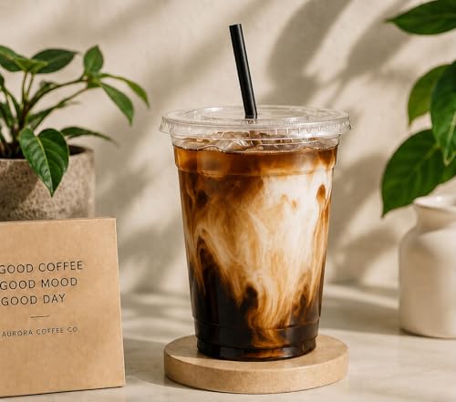 12oz 100 PCs Disposable Plastic iced coffee cups with lids and straws. Clear Disposable Plastic cups for Cold drink, iced coffee, Milkshakes, Smoothies, Juices. Eco friendly BPA free.