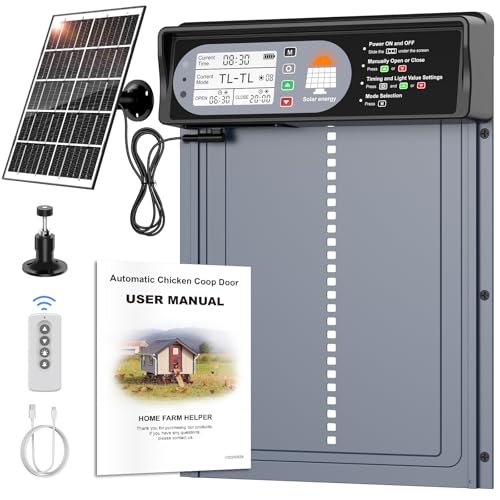 CHAMUTY Automatic Chicken Flap Solar Aluminium Electric Chicken Flap Automatic with LED Display, Light Sensor, Timer, Remote Control, Chicken Coop Door, Grey