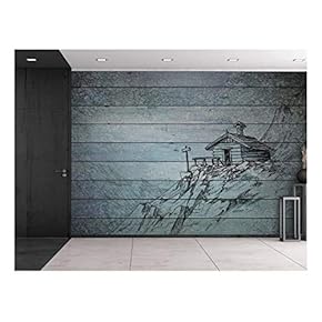 Wall26 - Lone House on a Cliff on Top of a Grainy Wood Texture - Wall Mural, Removable Sticker, Home Decor - 66x96 inches