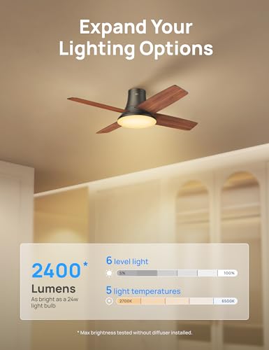 DREO Ceiling Fans with Lights and Remote, 44'' Low Profile Black Ceiling Fan for Bedroom and Living Room, 6-Level Dimmable & 5-Color Tone, 6 Speeds, Reversible DC Motor, Easy Installation, Timer