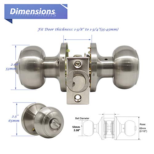 Brushed Nickel Keyed Entry Combo Door Knobs, Exterior Entry Door Handles Keyed Alike, Flat Ball Shape, Door Knobs Contractor Pack of 4