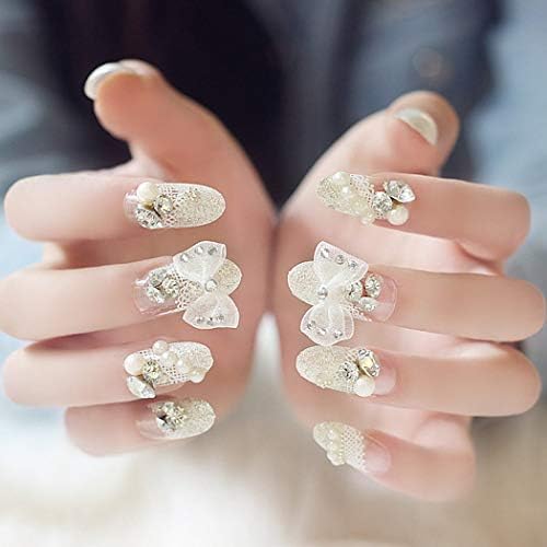 3D Diamond Press On Fake Nail Tip 24pc False Nails Bling Glitter Imperial Crown Rhinestone Decor Bowknot Nail Art for Bridal Wedding,B