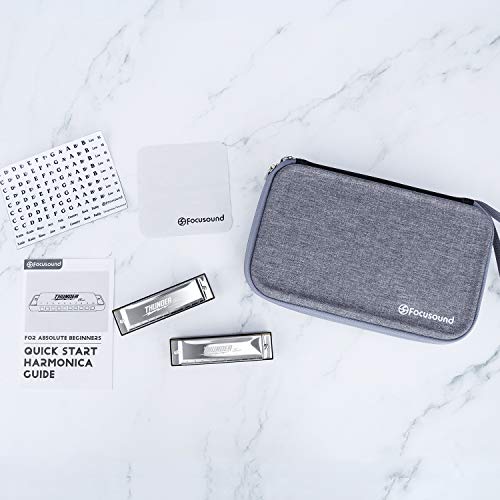 Focusound Harmonica Case, Zippered Carry Case with Soft Mesh, Special Slots for 7 Harmonicas, Gray