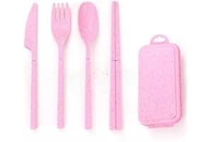 4PCS Portable Tableware Set,Outdoor Camping Travel Wheat Straw Detachable Flatware With Storage Box,Picnic Dinnerware (Pink)
