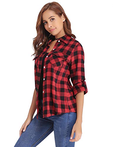 Aibrou Women's Blouses Tops Roll up Long Sleeve Plaid Button Down Casual Boyfriend Shirt