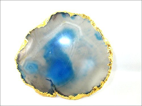 Jet Gold Plated Agate Slice Coaster Light Blue Single (1) piece 4 inch approx. Good Luck Gemstone Saucer Geode Stone Cup Holder Table Decoration Home Jet International Healing Crystal Therapy