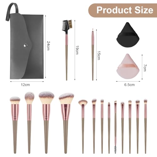 Vicloon Makeup Brush Set, 15 Pieces Professional Makeup Brush Set with 2 Powder Puffs, Premium Makeup Brushes Set for Foundation Concealer, Brown