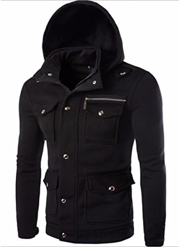 Salute Men Pocket Solid Coat Jacket Sweater Swearshirt Hoodie Long Sleeve Outwear (Black, L)