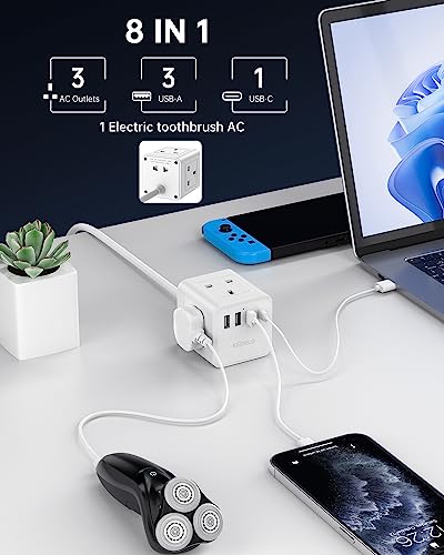 Cube Extension Lead with 4 USB Slots, Kemelo 4 Way (13A/3250W) Multi Plug Extension Cable with Child Safety UK Desktop Power Extension Socket,1.5M Extension Cords for Home Dorm Office Travel
