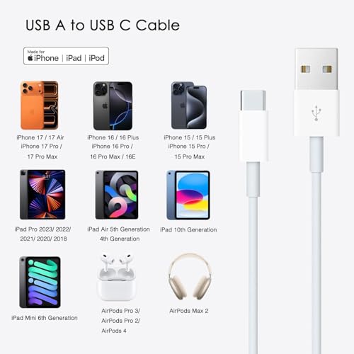 Car Carplay Cable for iPhone 17/16/15, USB A to USB C Cable Compatible for iPhone 17/16,17Air, 17/16/15 Pro Max,16E,16 Plus, iPad 10th/11 Gen,iPad Pro 12.9, Air 5th/4th Charger Cord,Car Charging Cable