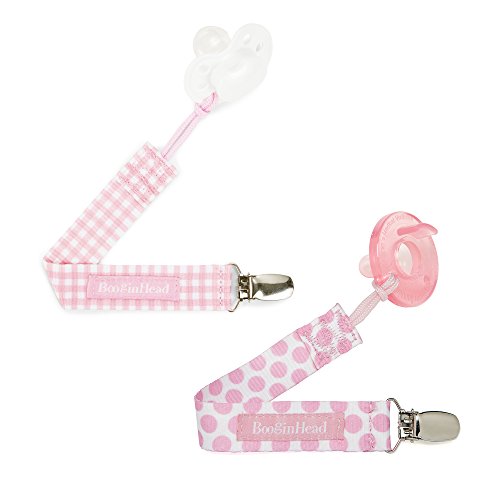 BooginHead Baby Newborn PaciGrip Pacifier Clip, Pastel Layette Gingham Polka Dots, Pink (Pack of 2)