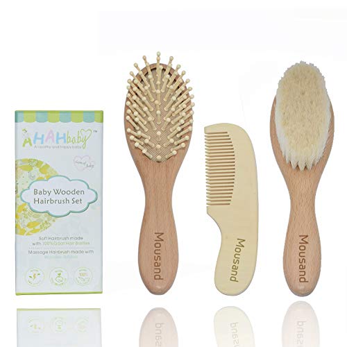 Wooden Baby Hair Brush and Comb Grooming Set for Newborns and Toddlers 3pc Natural Soft Goat Bristles Brush for Cradle Cap, Perfect Baby Shower & Registry Gift
