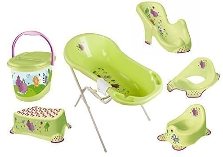 8er Set Hippo grün Badewanne XXL 100 cm + Badewannenständer + Badesitz + Topf + WC Aufsatz + Hocker + Windeleimer + Waschhand