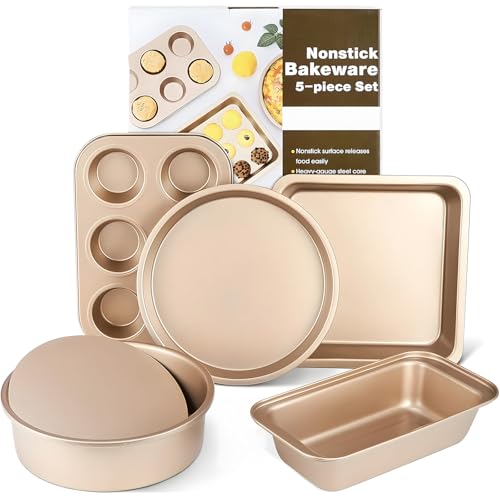 Conjunto Assadeira Antiaderente 5 Peças Tabuleiro Cozinha Reutilizável Jogo Forma Pão Bolo Alumínio com Revestimento Interno Forma Aço Assadeira Antiaderente para Cupcake e Muffin