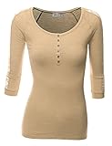Doublju Womens 3/4 Sleeve Cotton Blend Henley Neck T-Shirt With Lace Trim