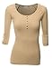 Doublju Womens 3/4 Sleeve Cotton Blend Henley Neck T-Shirt With Lace Trim