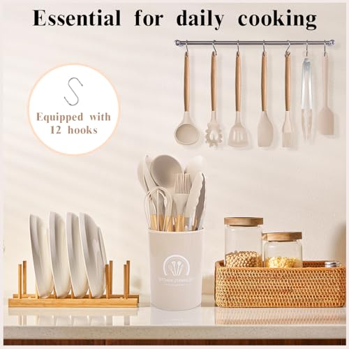 ARCHAEOPTERYX Kitchen Cooking Utensils Set, 46 pcs Non-Stick Silicone Cooking Kitchen Utensils Spatula Set with Holder, Wooden Handle Silicone Kitchen Heat Resistant Gadgets Utensil Set (Khaki)