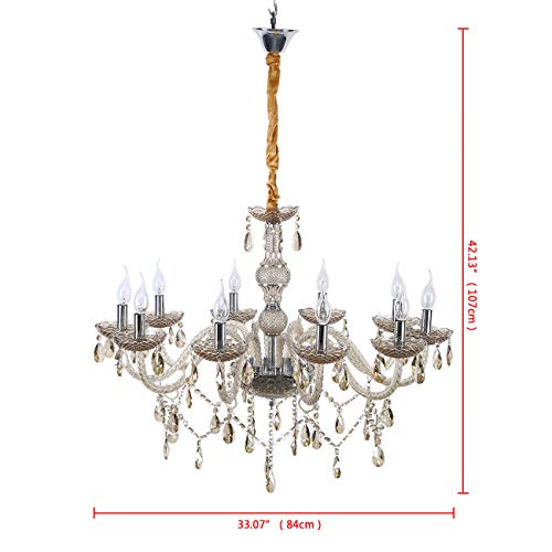TryE 10 Arm Chandelier K9 Crystal Glass Ceiling Light E12 Pendant Lamp Cognac Color for Living Room Bedroom Hallway Entry