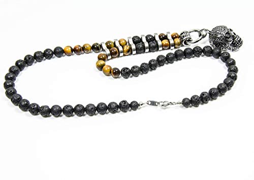 Handgefertigte Halskette Rosenkranz Totenkopf Kette für Männer Herren aus Lava Vulkan Tigerauge Halbedelstein Bikerkette aus Edelstahl Y Kette Unisex – Bild 7