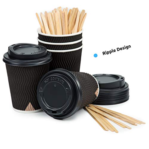 100 Schwarz Gewellt Pappebecher Coffee To Go 360 ml 12 Oz mit Deckel und Holz Rührstäbchen Zum Servieren von Kaffee, Tee, heiÃen und kalten Getränken – Bild 4