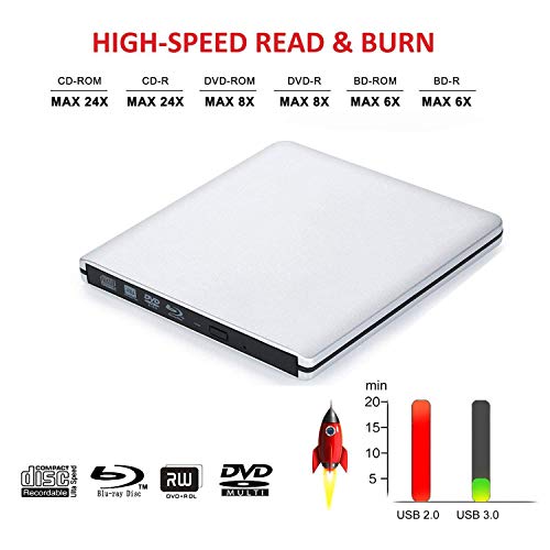 External Blu ray DVD CD Drive Burner,USB 3.0 Portable 3D 4K Blu-Ray DVD Player Writer Reader Disk for Laptop Notebook PC Desktops Support Windows/Vista/7/8/10, Mac OSX and Linux OS