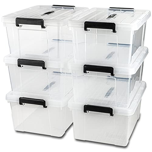 Lifetime Appliance Parts 6 PACK 42 Qt. Plastic Storage Bin Tote Organizing Container with Ultra Durable Lid & Secure Latching Buckles Stackable Extra Strength Clear w/Black Handle (58QT - 6 Pack)