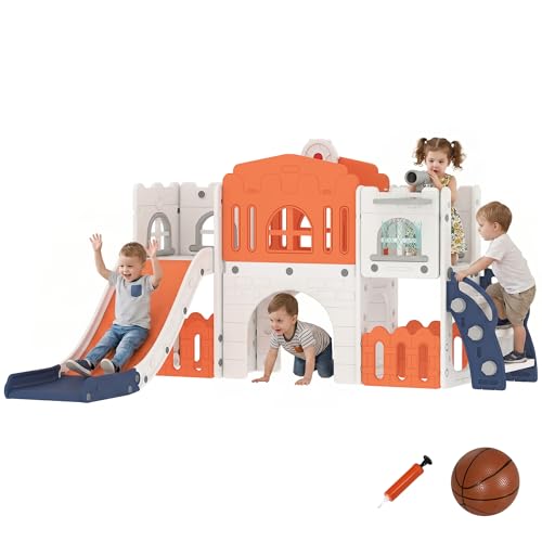 Qaba Toddler Slide, 9 in 1 Slide for Kids with Basketball Hoop, Climber, Telescope, Tunnel, Steering Wheel, Aisle, Storage Baskets, Indoor Slide Playset for 1-3 Years, Orange