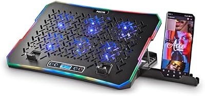 Hero Stand - Base Refrigeradora para Portátil, 6 Ventiladores Silenciosos, Pantalla LCD, RGB, Altura Ajustable, 2 Puertos USB, Soporte para Smartphone, Antideslizante, 2400 RPM