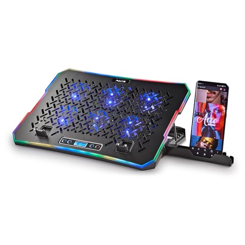 Hero Stand - Base Refrigeradora para Portátil, 6 Ventiladores Silenciosos, Pantalla LCD, RGB, Altura Ajustable, 2 Puertos USB, Soporte para Smartphone, Antideslizante, 2400 RPM